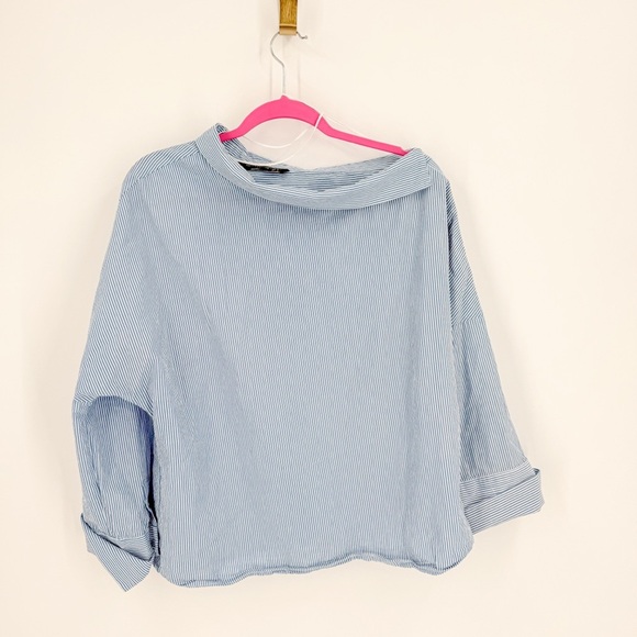 Zara Blue and White Cuffed Sleeve Boxy Blouse - Picture 1 of 5